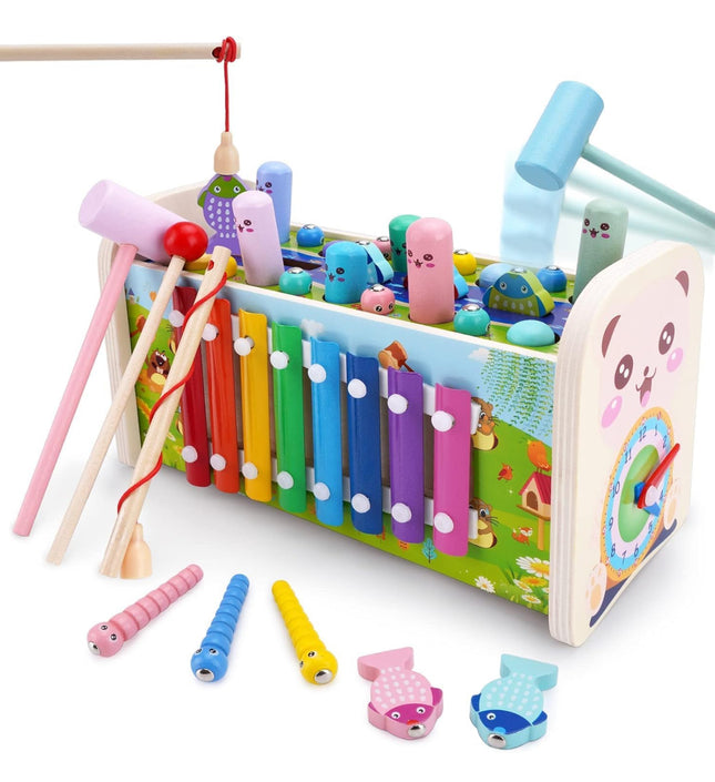 BLiSS HUES 7 in 1 Multiactivity Wooden Montessori Toys Toddlers- Includes Games Whack a Mole- Fishing- Xylophone- Sliding Maze & More- Fine Motor Skills & Sensory Toys for Kids