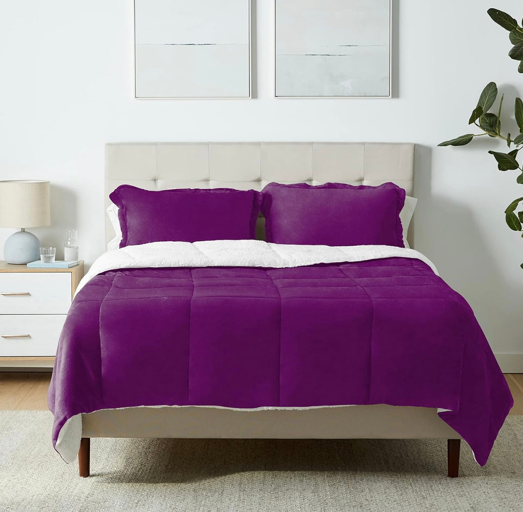 Amazon Basics Ultra-Soft Micromink Sherpa Comforter Bed Set - Plum, Full/Queen