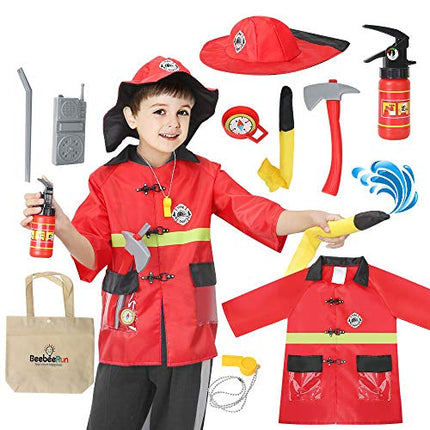 BeebeeRun Kids Fireman Costume Role Play Kit Set,Halloween Activities Pretend Role Play Set with Rescue Tools,Educational Firefighter Dress Up Gift for Toddler,Kids (Firemen)