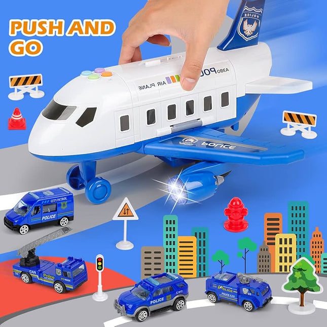 Airplane Toys for 3 Year Old Boys with Light and Sound, Educational Police Car Toy Plane, 5 in 1 Friction Power Toys Christmas Birthday Gifts
