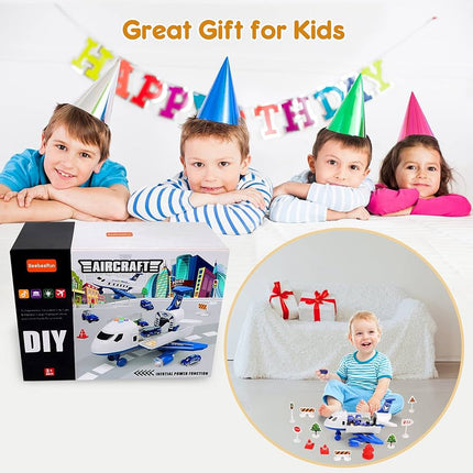 Airplane Toys for 3 Year Old Boys with Light and Sound, Educational Police Car Toy Plane, 5 in 1 Friction Power Toys Christmas Birthday Gifts