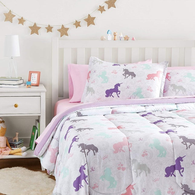 AMAZON BASICS KIDS 5PC BEDDING SET TWIN
PURPLE UNICORNS