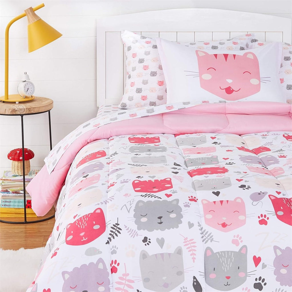 AMAZON BASICS KIDS 5PC BEDDING SET TWIN
Easy-Wash Microfiber Bed-in-a-Bag Bedding Set Pink Kitties, Animal Printed