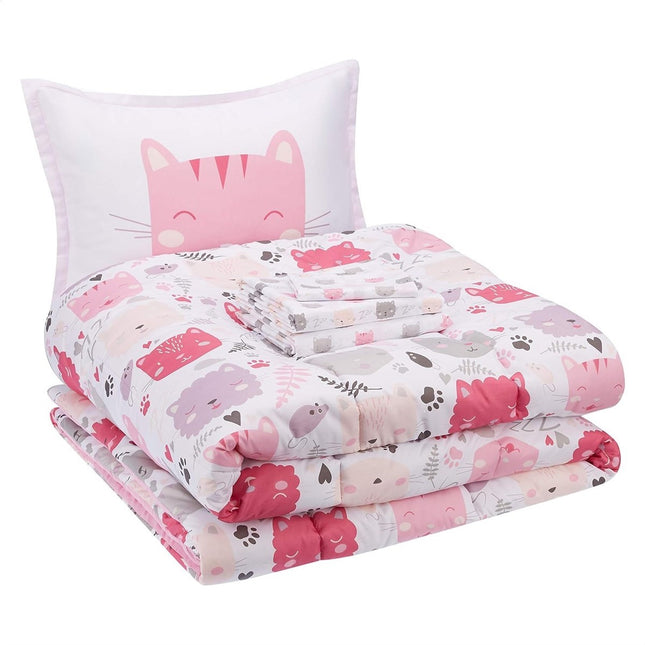 AMAZON BASICS KIDS 5PC BEDDING SET TWIN
Easy-Wash Microfiber Bed-in-a-Bag Bedding Set Pink Kitties, Animal Printed