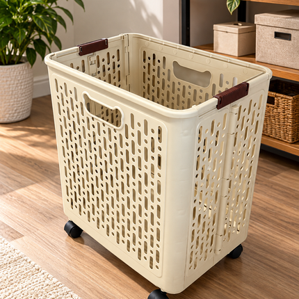 Large Rolling Plastic Storage Basket – Cream