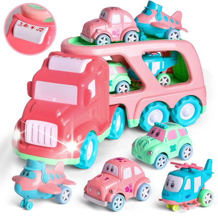 Truck Toys for Kids 2-4, Kids Toys Girls Age 2 3 4 5, Toddler Princess Girl Toys Carrier Truck with Cars and Planes, Toddler Birthday Gifts with Music & Lights for 2 3 4 5 Year Girls