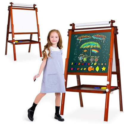 Kids Art Easel, Double-Sided Standing Wooden Painting Easel for Kids, Adjustable Painting Easel with Paper Rolls,Dry-Erase Board, Chalkboard (New Pine Wood Brown)