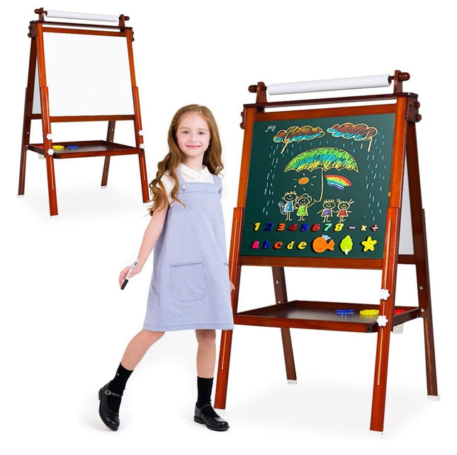 Kids Art Easel, Double-Sided Standing Wooden Painting Easel for Kids, Adjustable Painting Easel with Paper Rolls,Dry-Erase Board, Chalkboard (New Pine Wood Brown)