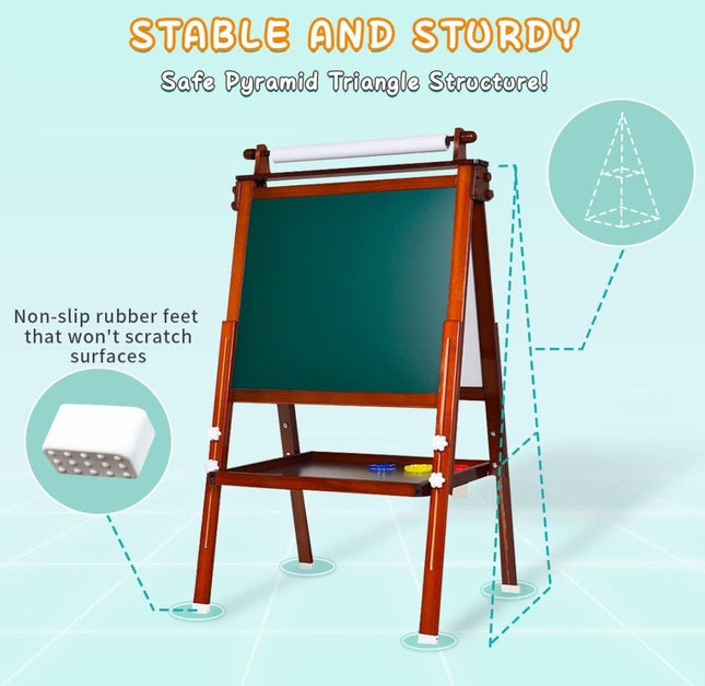 Kids Art Easel, Double-Sided Standing Wooden Painting Easel for Kids, Adjustable Painting Easel with Paper Rolls,Dry-Erase Board, Chalkboard (New Pine Wood Brown)