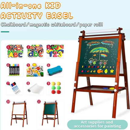 Kids Art Easel, Double-Sided Standing Wooden Painting Easel for Kids, Adjustable Painting Easel with Paper Rolls,Dry-Erase Board, Chalkboard (New Pine Wood Brown)