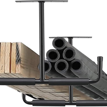 2 Pack Overhead Garage Storage Hooks, Heavy Duty Ceiling Mounted Garage Utility Hanging Rack for Lumber Bike Tools, Black