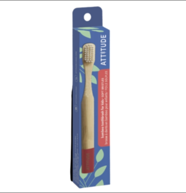 ATTITUDE Children Soft Bristle Bamboo Toothbrush, Red Handle