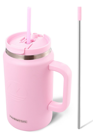 FAHRMOSIS 50 Oz Tumbler with Handle and Straw Large Insulated Tumbler Stainless Steel Travel Mug for Hot & Cold Drinks, Reusable Water Bottle with Lids and Straw - Pink