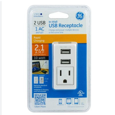 GE In-Wall USB Charger 2.1A, 2 USB Charging Ports + 1 AC Port