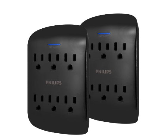 Philips 6 AC Surge Protector Wall Tap, Black, 2 Pack, SPP3466BC/37