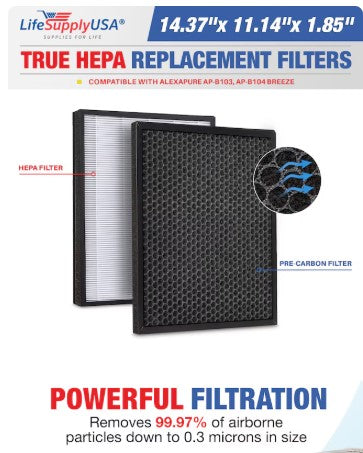 LifeSupplyUSA ER689 Alex Apure Breeze 3049 True HEPA Air Purifier Filter Replacement, 11.25"x14.63"x1.88"