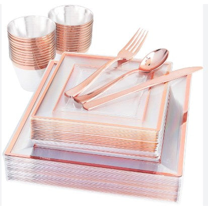 GOODLUCK 150 Pieces Disposable Rose Gold Square Plastic Plates with Silverware and Cups Set for Parties, Weddings etc etc