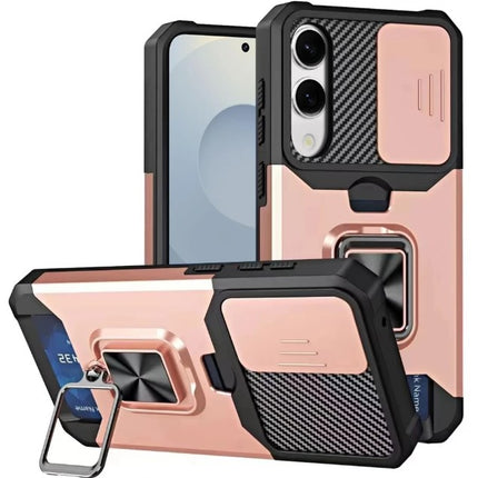 SAMSUNG S24 FE Military Grade All-in-One ring Stand Card Case, ROSE GOLD