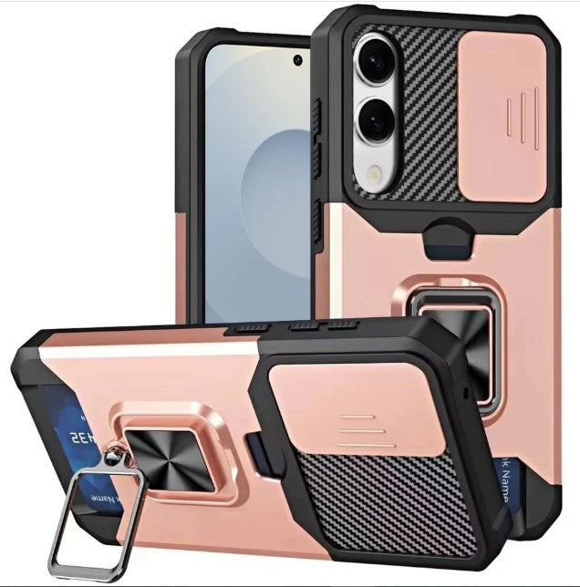 SAMSUNG S24 FE Military Grade All-in-One ring Stand Card Case, ROSE GOLD