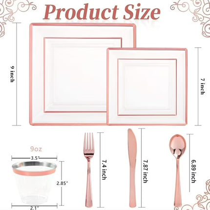 GOODLUCK 150 Pieces Disposable Rose Gold Square Plastic Plates with Silverware and Cups Set for Parties, Weddings etc etc