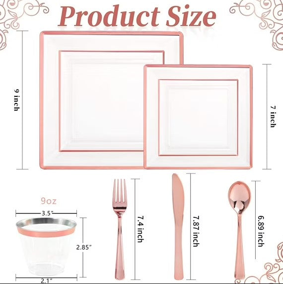 GOODLUCK 150 Pieces Disposable Rose Gold Square Plastic Plates with Silverware and Cups Set for Parties, Weddings etc etc