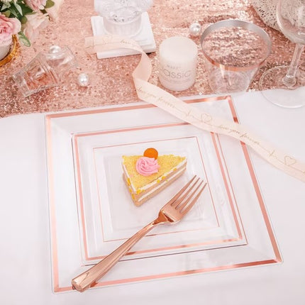 GOODLUCK 150 Pieces Disposable Rose Gold Square Plastic Plates with Silverware and Cups Set for Parties, Weddings etc etc