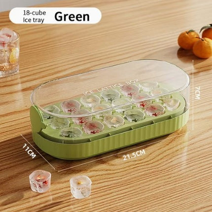 FUNDREAMER 18 Grid Round Silicone Ice Cube Maker with Storage Box & Bin Lid Bar, 1-Count