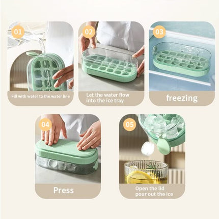 FUNDREAMER 18 Grid Round Silicone Ice Cube Maker with Storage Box & Bin Lid Bar, 1-Count