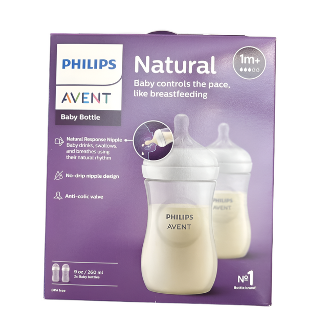 Philips AVENT Natural Baby Bottle Box Of 2 W/ Natural Response Nipple Clear 9oz (SCY903/02)