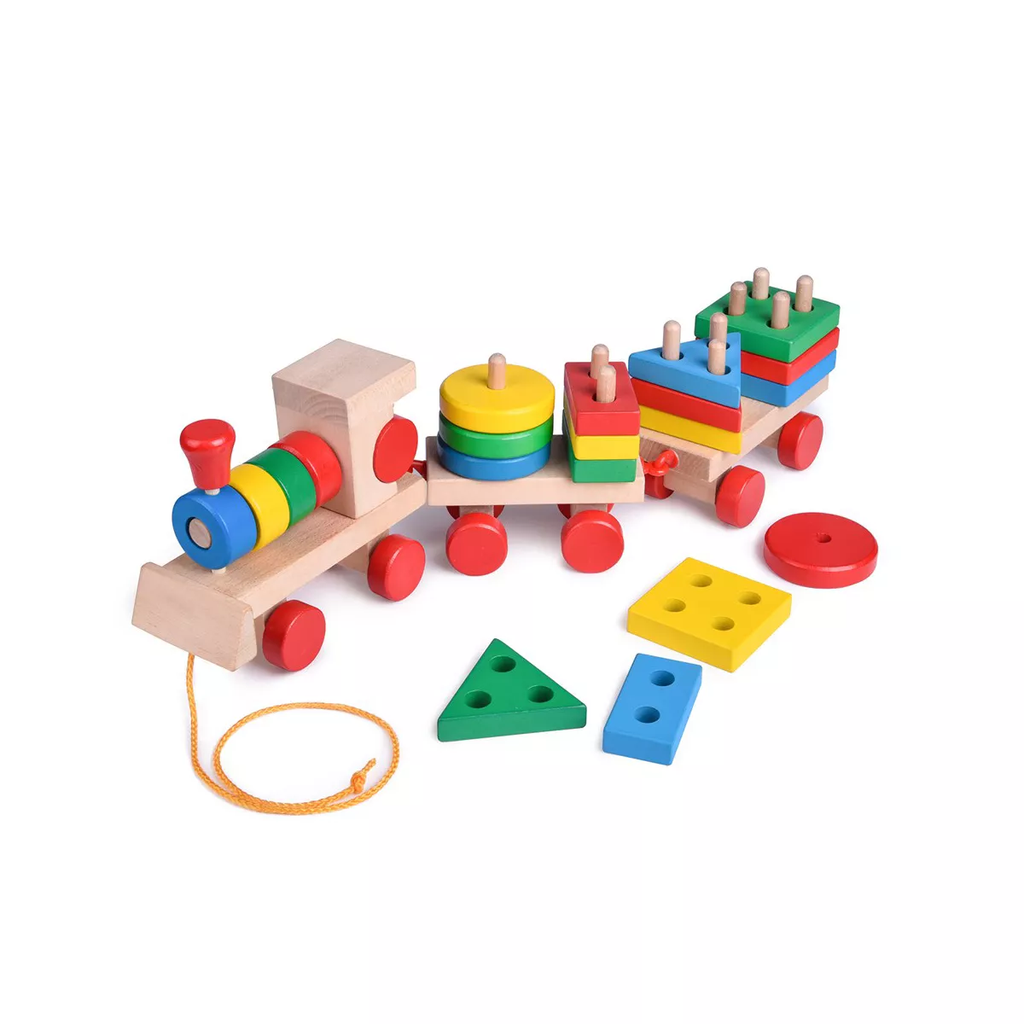 Fun Little Toys 25 Pcs 15.5-Inch Wooden Train, Shape Sorter & Stacking Puzzle Toys