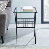 WALKER EDISON 17" MODERN METAL & GLASS SIDE TABLE W/ MAGAZINE HOLDER, BLACK