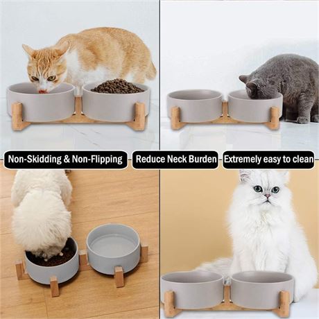 NEW, AOOTK Double Ceramic Non-Slip Dog/Cat Bowls with Wood Stand