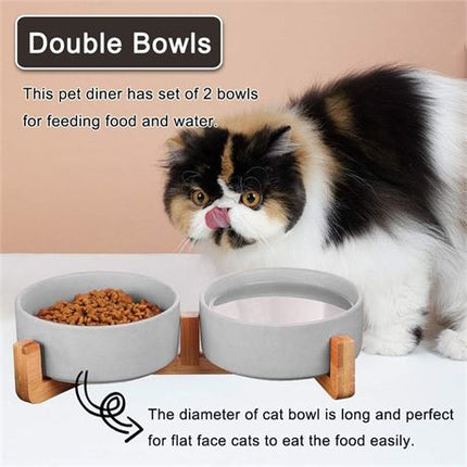 NEW, AOOTK Double Ceramic Non-Slip Dog/Cat Bowls with Wood Stand