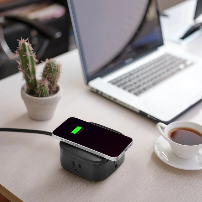 Globe 6 ft. 2-Outlet Black 3-USB Wireless Charging Surge Protector Desktop Power Hub