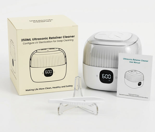EWON 250ml Ultrasonic Portable Professional Retainer/Jewelry Cleaner Machine for Denture, Mouth Guard, Aligner, jewels etc WHITE/GRAY