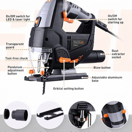 TACKLIFE 6.7-Amp 6 Variable Speed (800-3000 SPM) 800W Jig saw with Laser & LED, 4 Orbital Sets, 6 Blades, 45° Bevel Cutting, Scale Ruler, Dust Blowing for Wood, Metal and Plastic Cutting, PJS02A