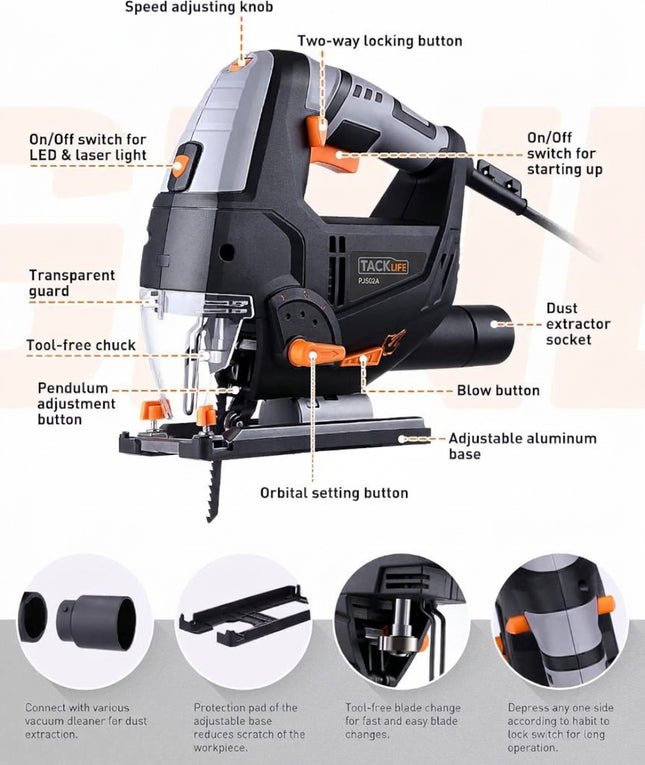 TACKLIFE 6.7-Amp 6 Variable Speed (800-3000 SPM) 800W Jig saw with Laser & LED, 4 Orbital Sets, 6 Blades, 45° Bevel Cutting, Scale Ruler, Dust Blowing for Wood, Metal and Plastic Cutting, PJS02A