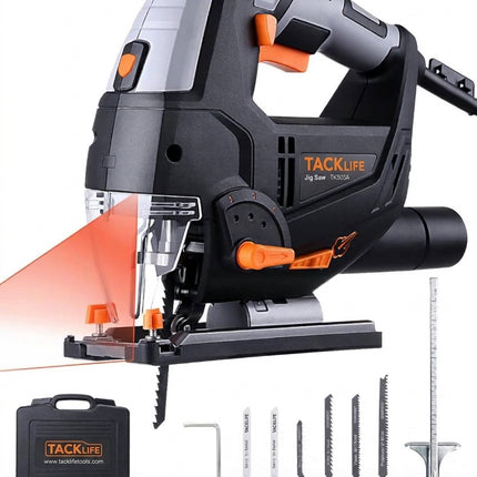 TACKLIFE 6.7-Amp 6 Variable Speed (800-3000 SPM) 800W Jig saw with Laser & LED, 4 Orbital Sets, 6 Blades, 45° Bevel Cutting, Scale Ruler, Dust Blowing for Wood, Metal and Plastic Cutting, PJS02A