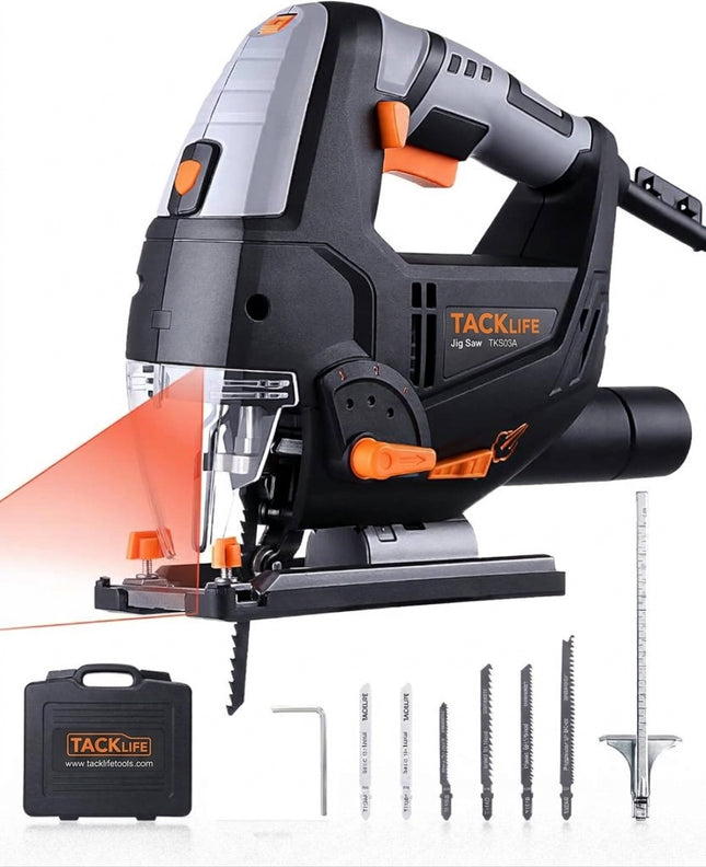 TACKLIFE 6.7-Amp 6 Variable Speed (800-3000 SPM) 800W Jig saw with Laser & LED, 4 Orbital Sets, 6 Blades, 45° Bevel Cutting, Scale Ruler, Dust Blowing for Wood, Metal and Plastic Cutting, PJS02A