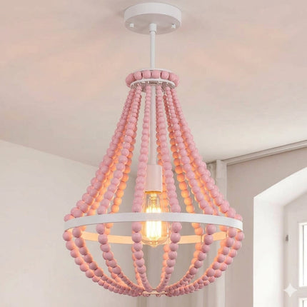 ANKARL Boho 1-Light Wood Beaded Chandelier, Farmhouse Pendant Light, Ceiling Hanging Light, PINK