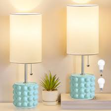 GyroVu Ceramic Set of 2 Pull Chain Bedside Table Lamp, Blue