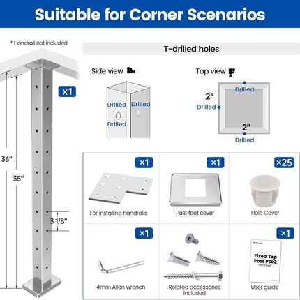 Muzata Cable Railing Post T-Corner Brushed 36"x2"x2" Flat Top Three Side Square Post Cable Railing System for Wood Concrete Top Mount Deck, PS02 L34S