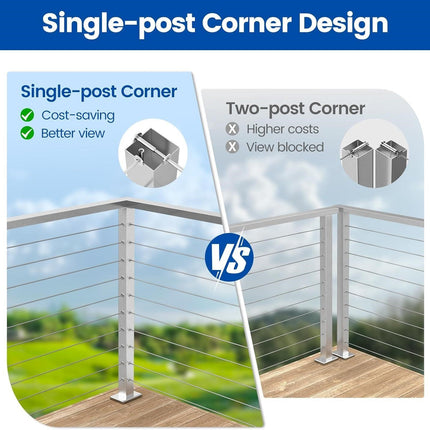 Muzata Cable Railing Post T-Corner Brushed 36"x2"x2" Flat Top Three Side Square Post Cable Railing System for Wood Concrete Top Mount Deck, PS02 L34S