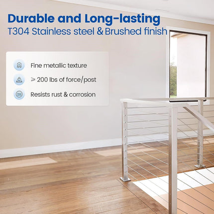 Muzata Cable Railing Post T-Corner Brushed 36"x2"x2" Flat Top Three Side Square Post Cable Railing System for Wood Concrete Top Mount Deck, PS02 L34S