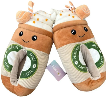Feetmoji Women’s Cute Pumpkin Latte Plush Slippers ONLY SIZE 9-10