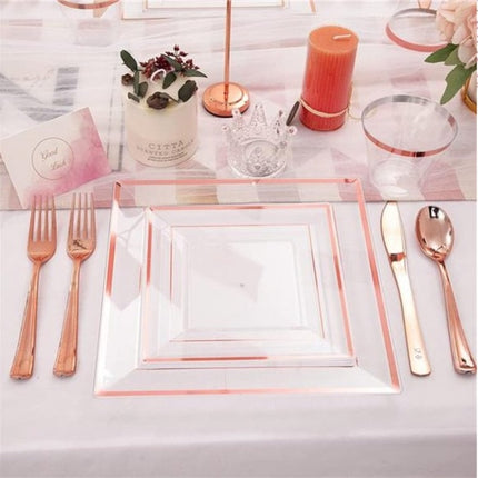 GOODLUCK 150 Pieces Disposable Rose Gold Square Plastic Plates with Silverware and Cups Set for Parties, Weddings etc etc