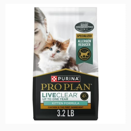 Purina Pro Plan LiveClear Dry Kitten Food Allergen Reducing Chicken and Rice Formula, 3.2lbs Bag