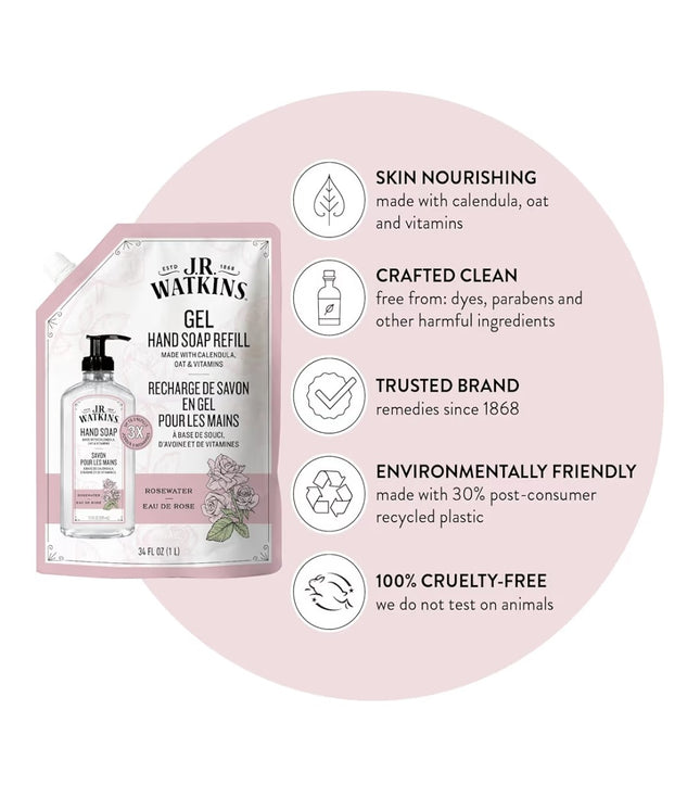 J.R. Watkins Liquid Rosewater Hand Soap REFILL Pouch, 828ml
