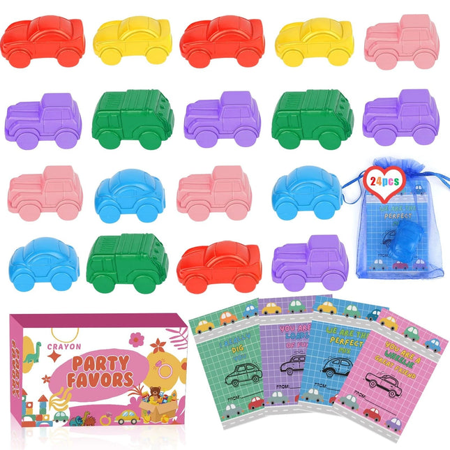 ONEHAUS 24 Pcs Valentines Cards Kids with Car Shaped Crayon