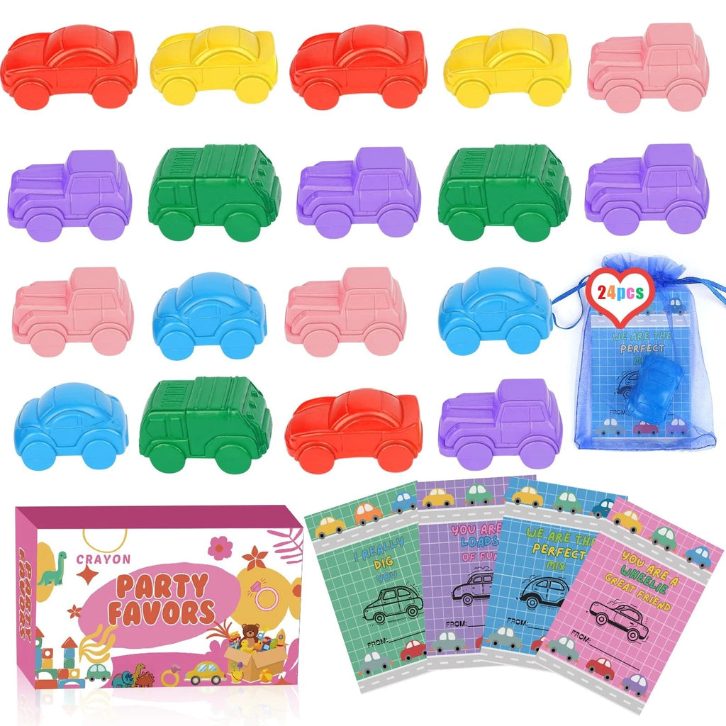 ONEHAUS 24 Pcs Valentines Cards Kids with Car Shaped Crayon